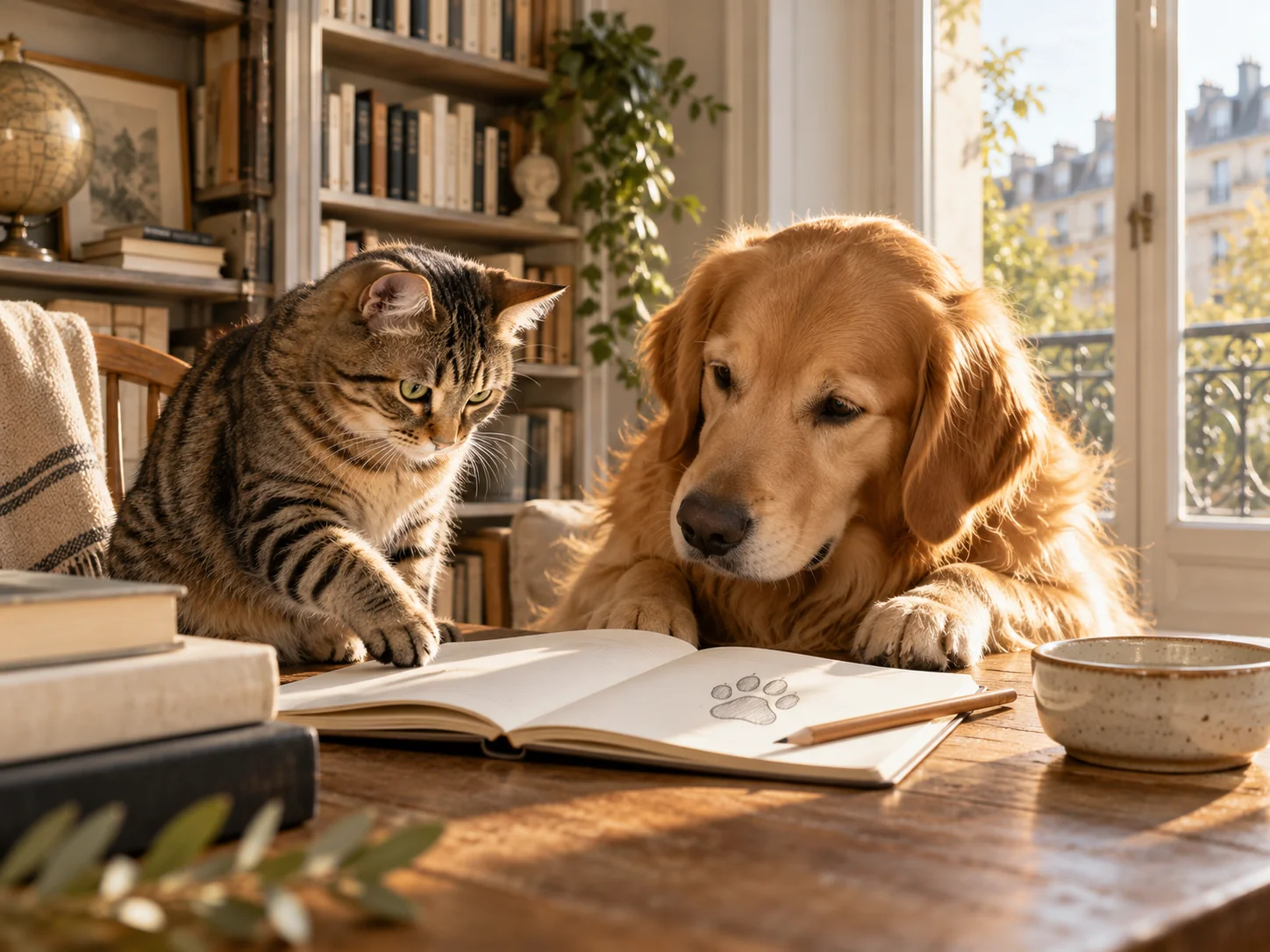 Chó và mèo bên cuốn sổ ghi chép chăm sóc hằng ngày