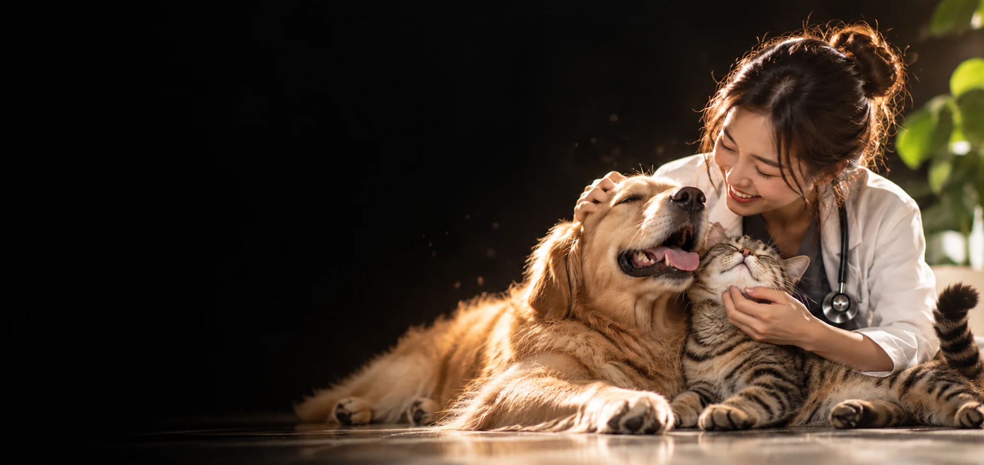 Hình minh hoạ bác sĩ thú y chăm sóc chó Golden và mèo mướp trong ánh nắng ấm